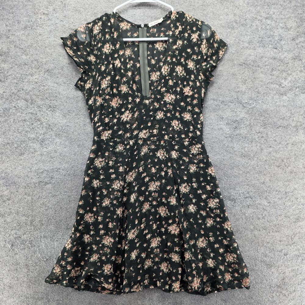 Lily Ashwell Dress Womens S Green Fit & Flare Short Floral Ruffle V-Neck